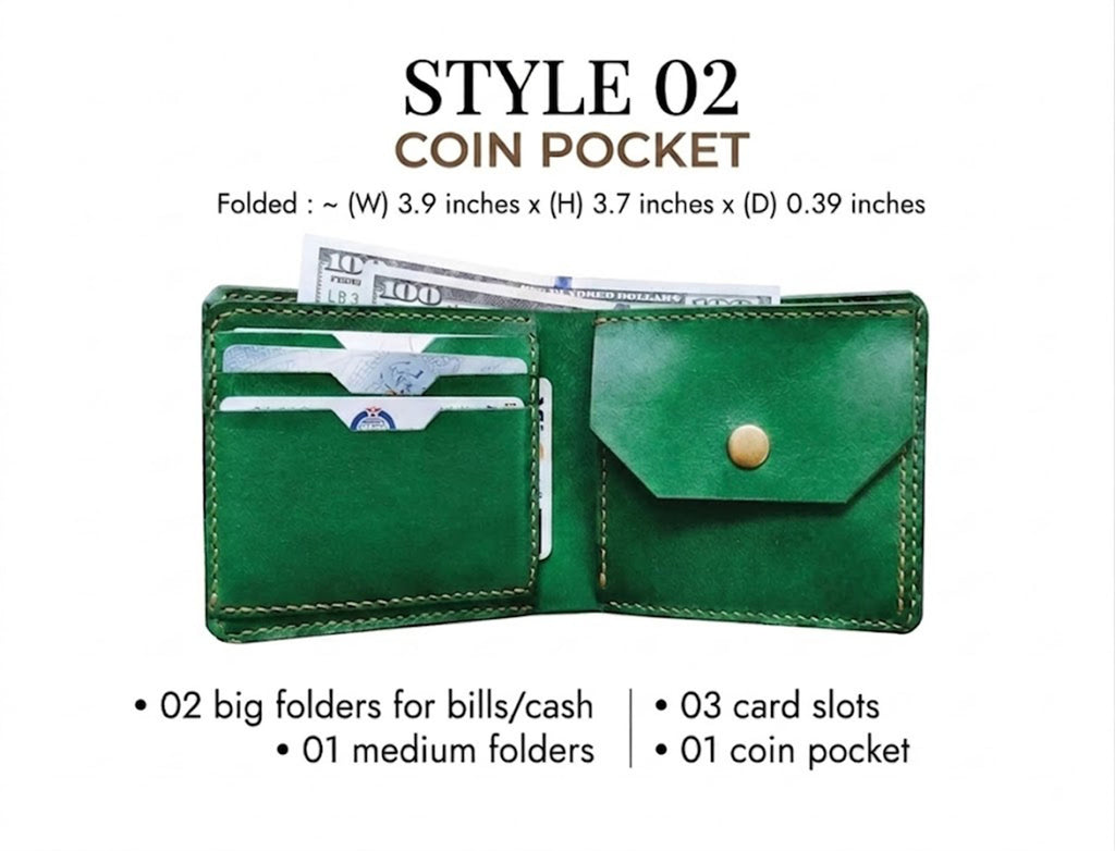 a green coin pocket wallet with various features listed below it.
