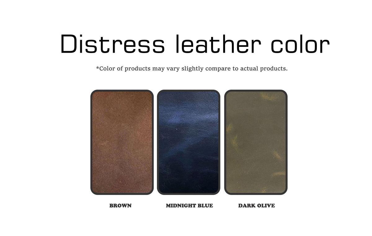 three different leather color samples, each labeled with a color name: Brown, Midnight Blue, and Dark Olive.