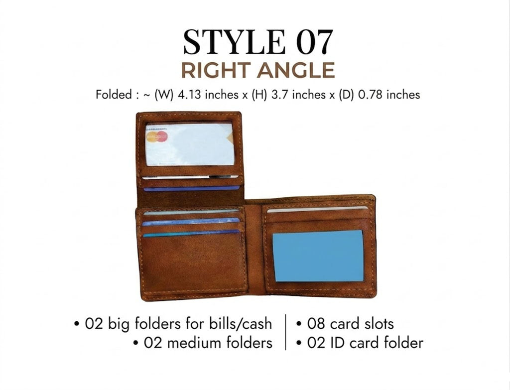 a wallet with a right angle fold, a card slot, and two card slots. The wallet is brown and has a card slot on the front.