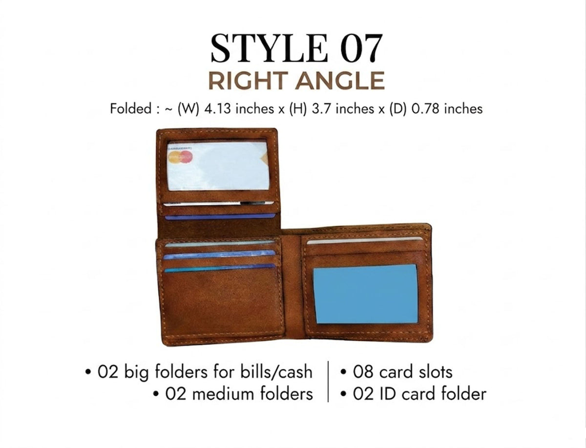 a wallet with a right angle fold, a card slot, and two card slots. The wallet is brown and has a card slot on the front.