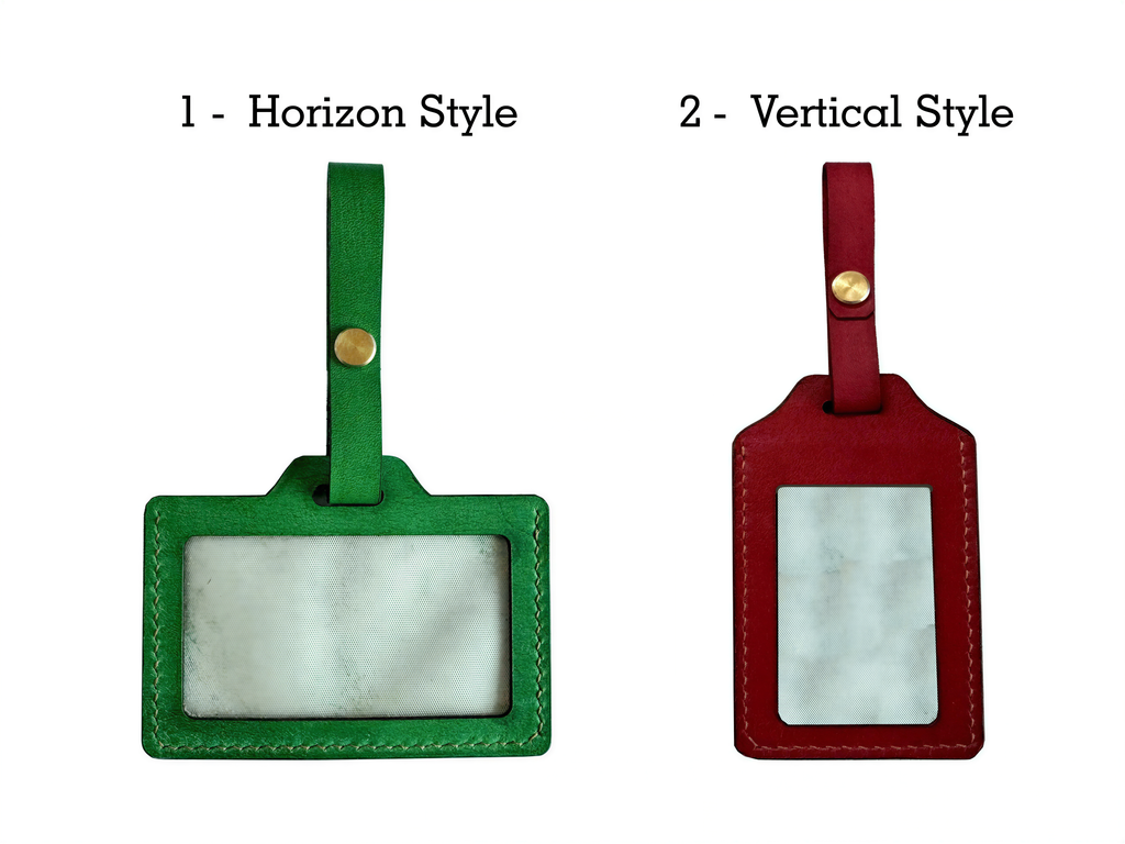 two different types of luggage tags, each with a distinct color and style. The first tag is green and has a horizontal style, while the second tag is red and has a vertical style.