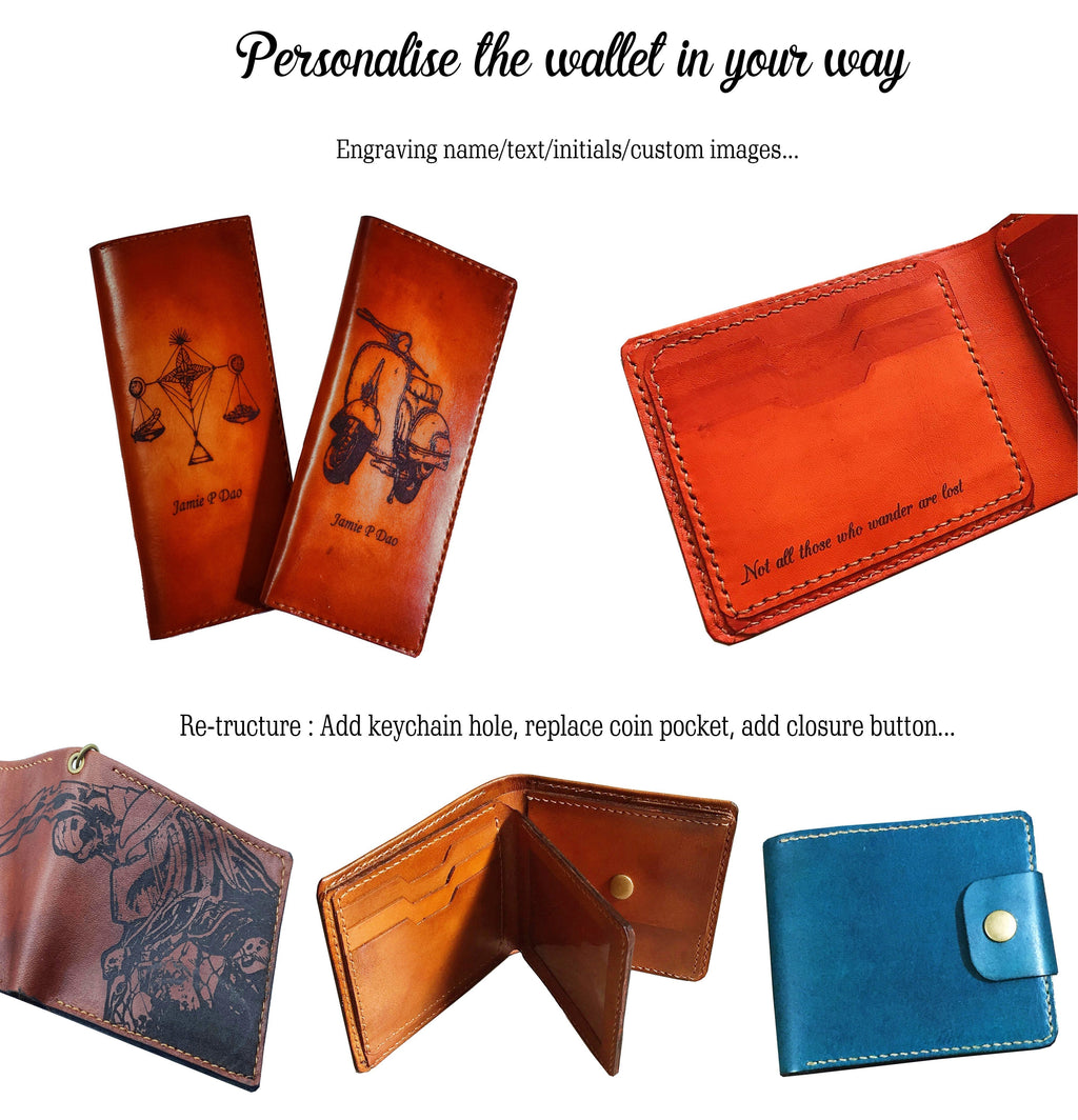 a variety of leather wallets and keychains, each with unique designs and features. The wallets and keychains are crafted from brown leather and come in different colors, such as red, orange, and blue. The image also includes instructions on how to personalize a wallet, including adding a keychain hole, replacing a coin pocket, and adding a closure button.