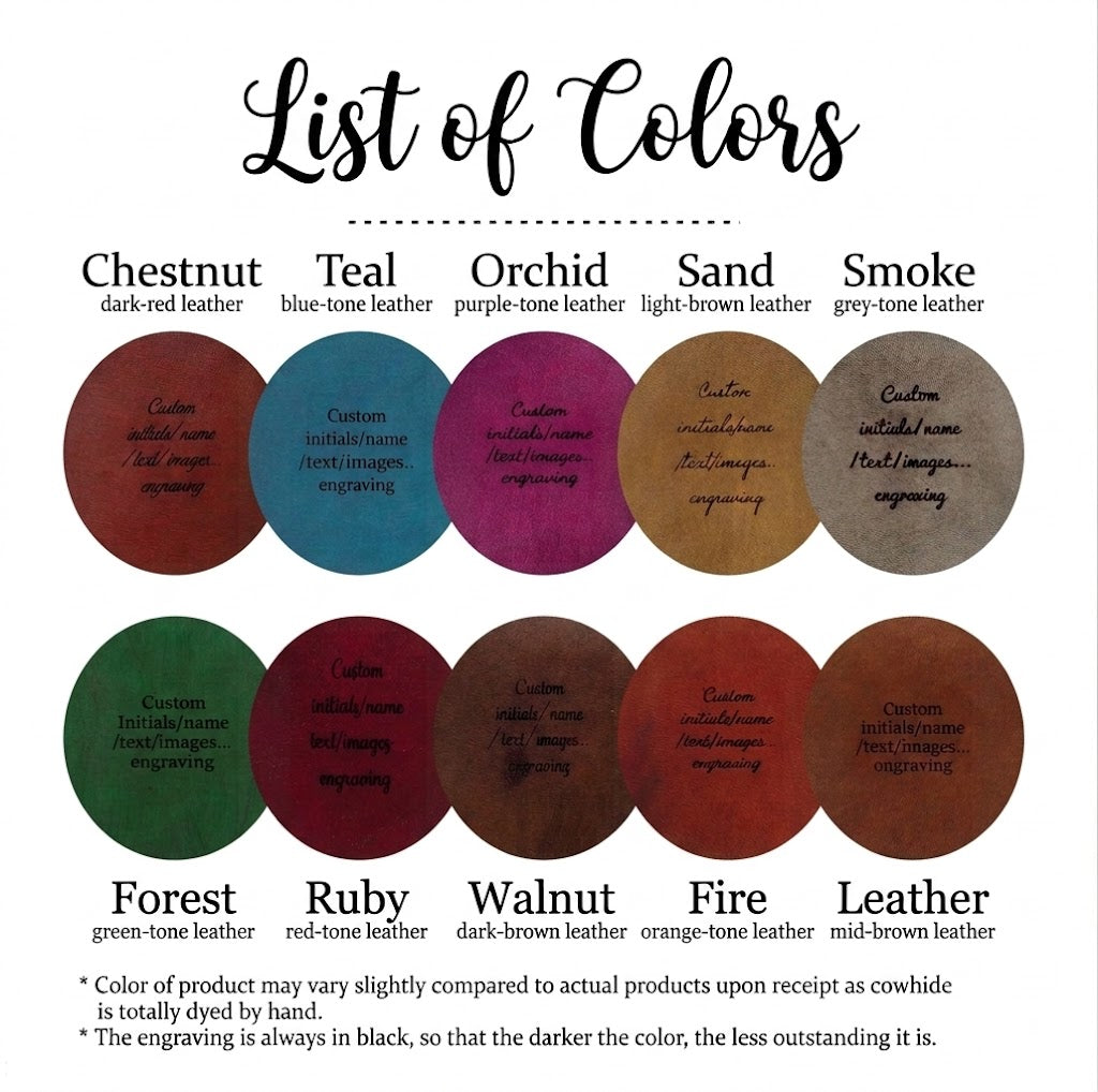 The image is a list of colors, each color corresponding to a different type of leather, including chestnut, teal, orchid, sand, smoke, forest, ruby, walnut, and fire.