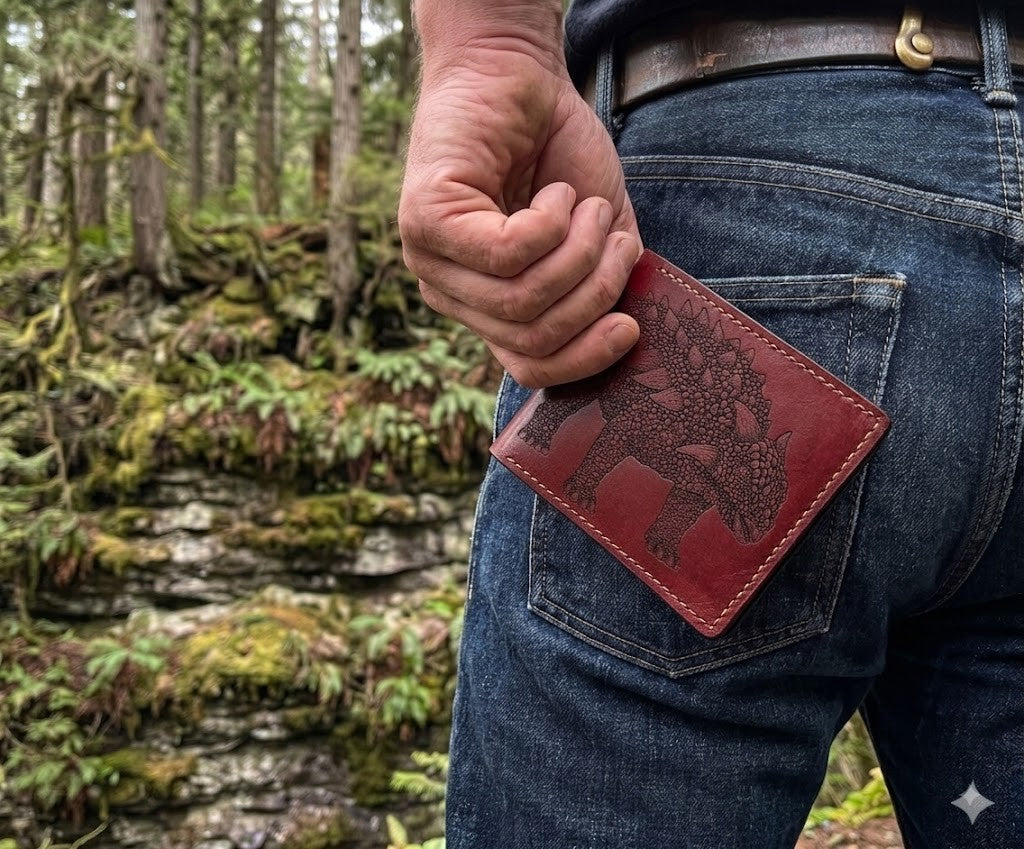Dinosaur leather handmade wallet, Jurassic personalized gift ideas - Ankylosaurus