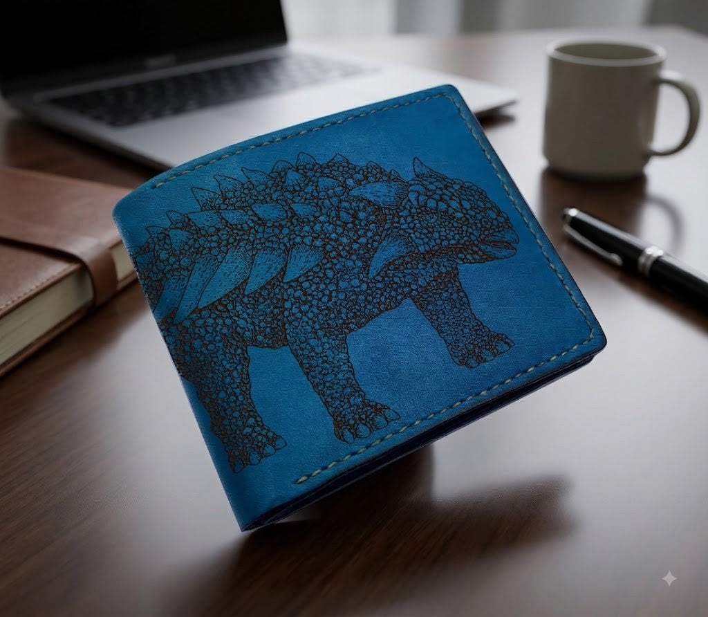Dinosaur leather handmade wallet, Jurassic personalized gift ideas - Ankylosaurus