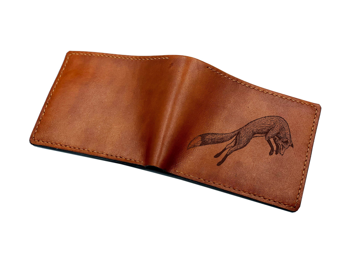 Fox drawing leather men's wallet, custom engrave leather wallet, animal forest art present, gift for dad, xmas gift for boyfriend, husband