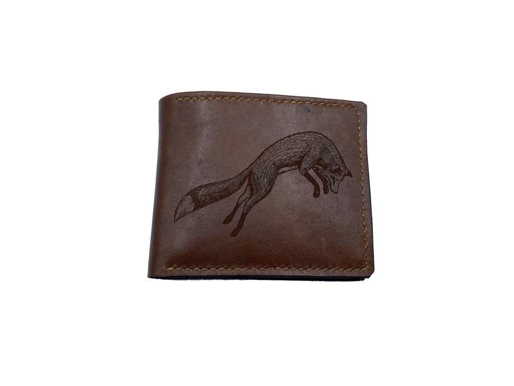 Fox drawing leather men's wallet, custom engrave leather wallet, animal forest art present, gift for dad, xmas gift for boyfriend, husband