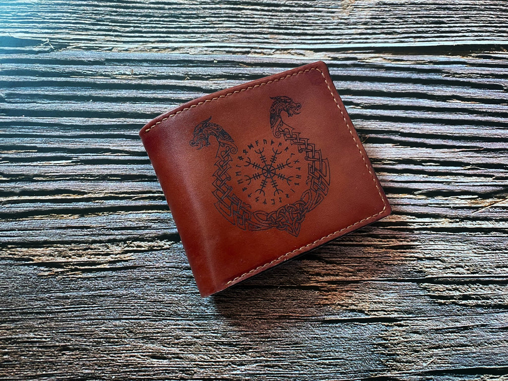 Custom leather men's wallet, norse runes celtic viking symbol wallet, bifold engraved wallet, gift for him