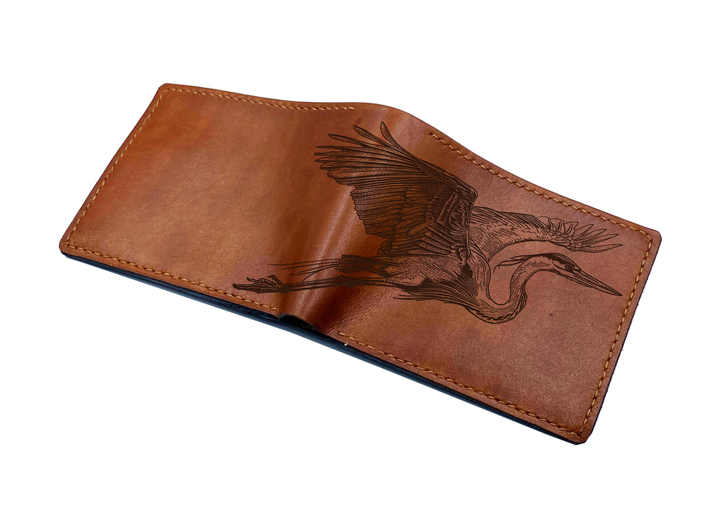 Heron Japan style leather handmade wallet, custom engrave gifts
