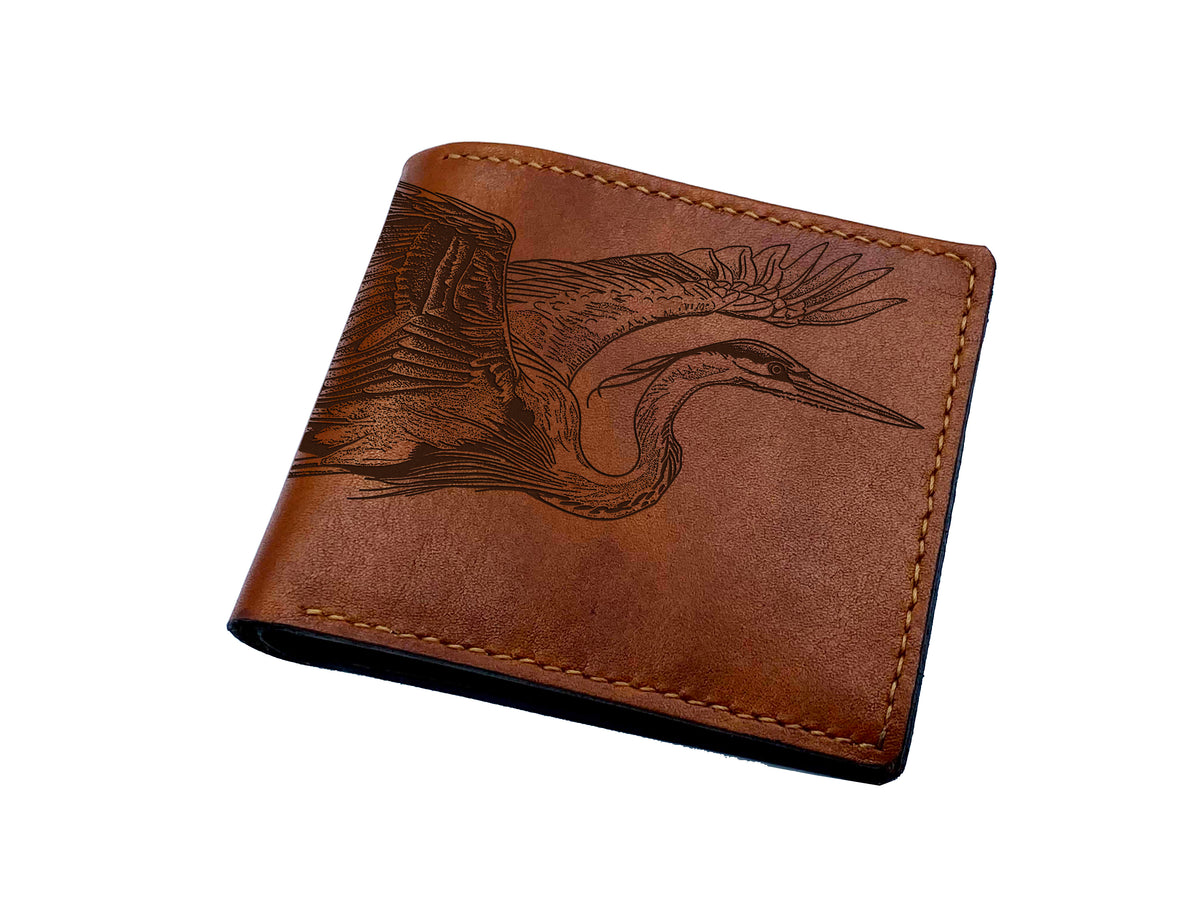 Heron Japan style leather handmade wallet, custom engrave gifts