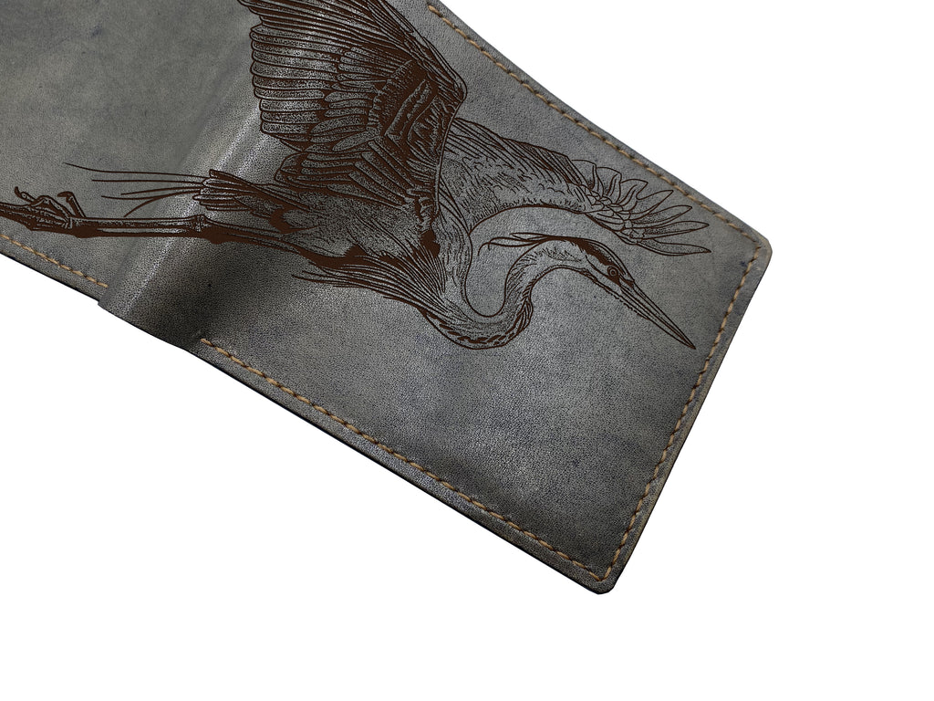 Heron Japan style leather handmade wallet, custom engrave gifts
