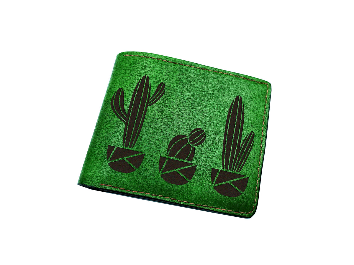 Personalized leather men's wallet, catus shape art present, plant inspired men's wallet