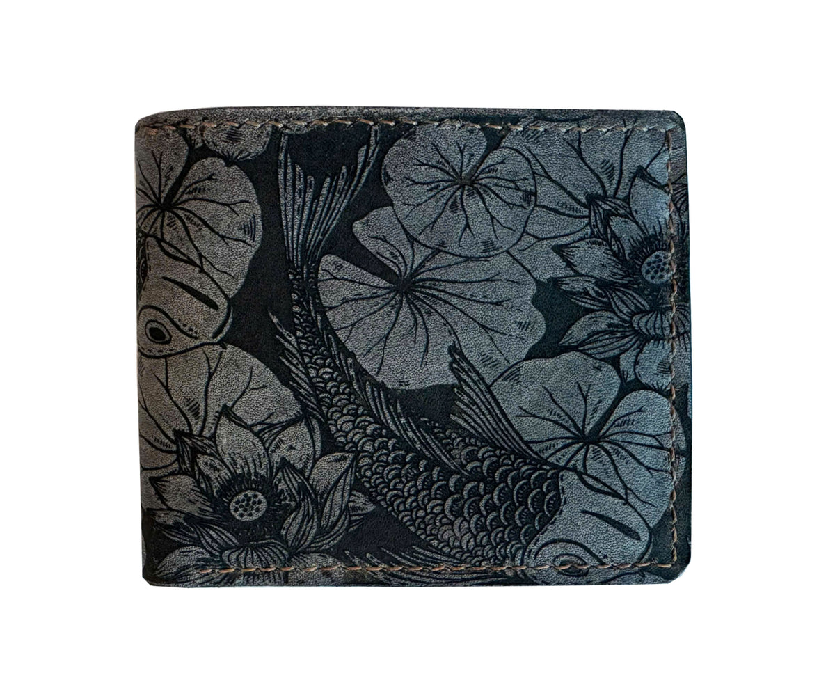 Customized genuine leather handmade wallet - Koi Fish pattern