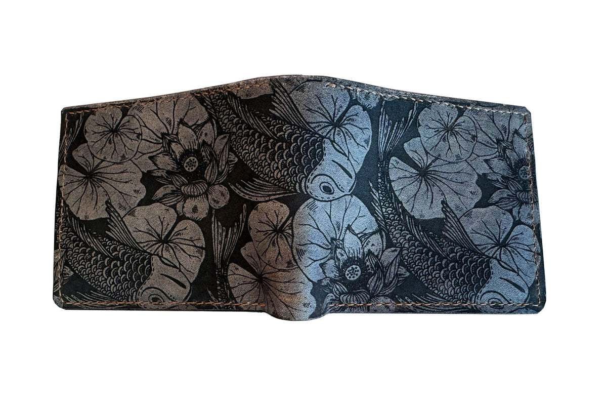Customized genuine leather handmade wallet - Koi Fish pattern