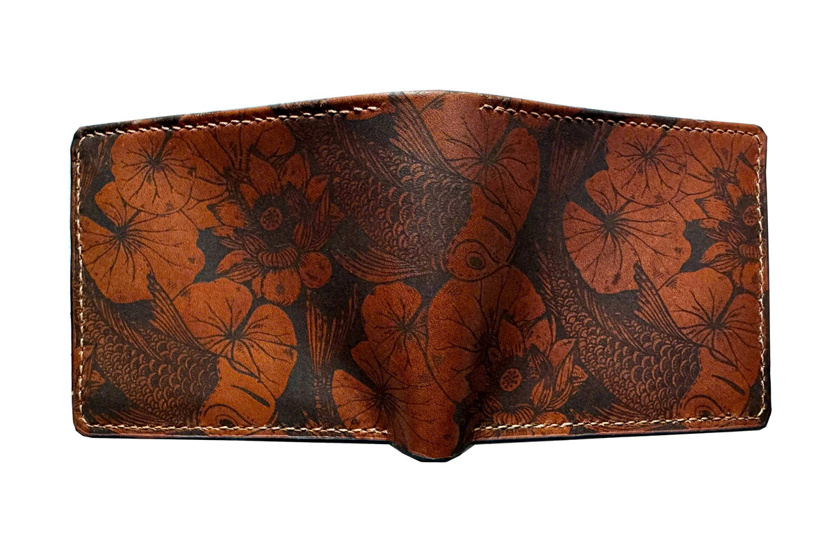 Customized genuine leather handmade wallet - Koi Fish pattern