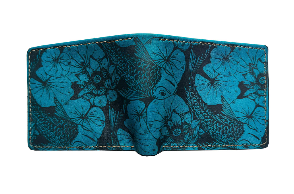 Customized genuine leather handmade wallet - Koi Fish pattern