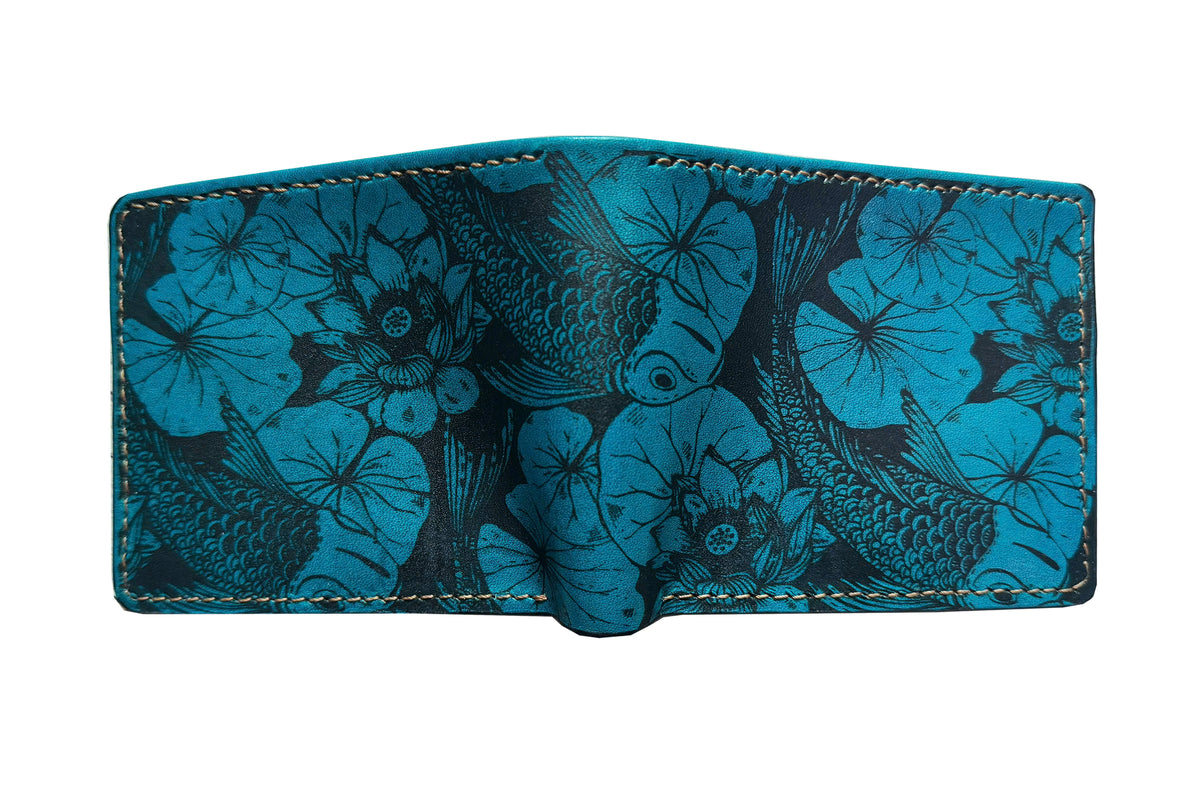 Customized genuine leather handmade wallet - Koi Fish pattern