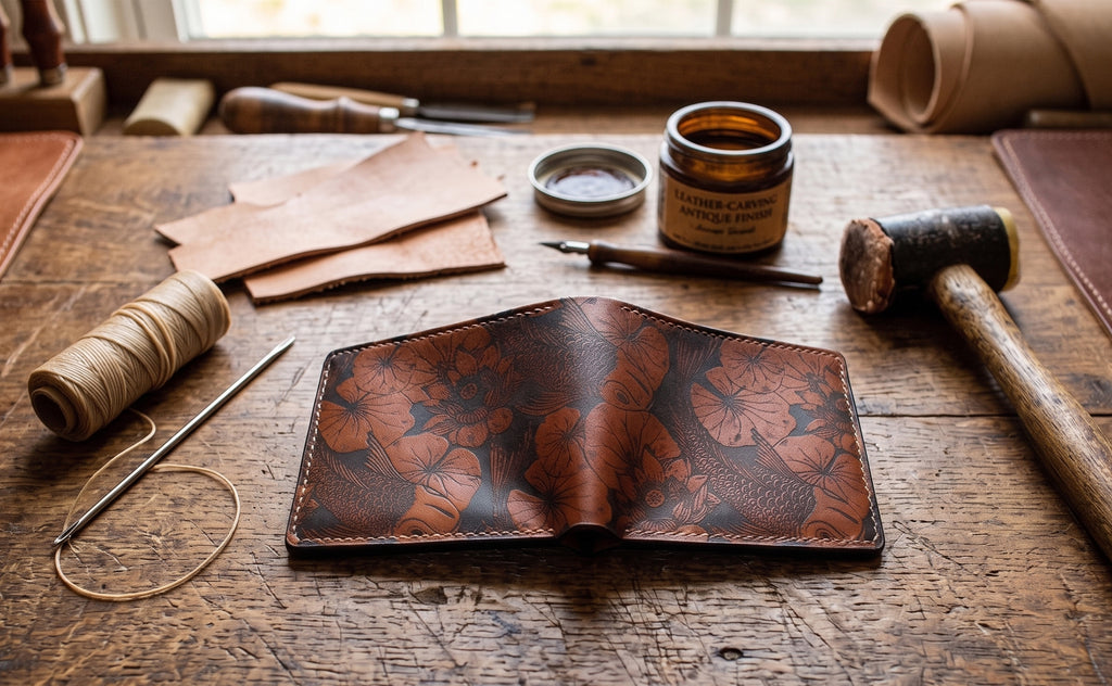 Customized genuine leather handmade wallet - Koi Fish pattern