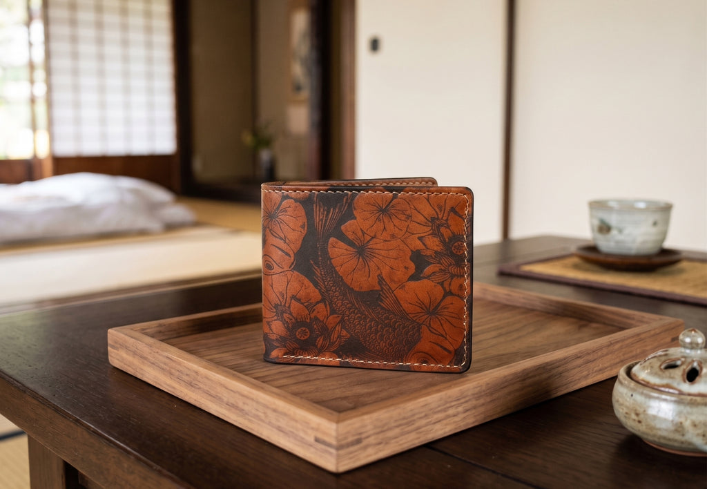 Customized genuine leather handmade wallet - Koi Fish pattern