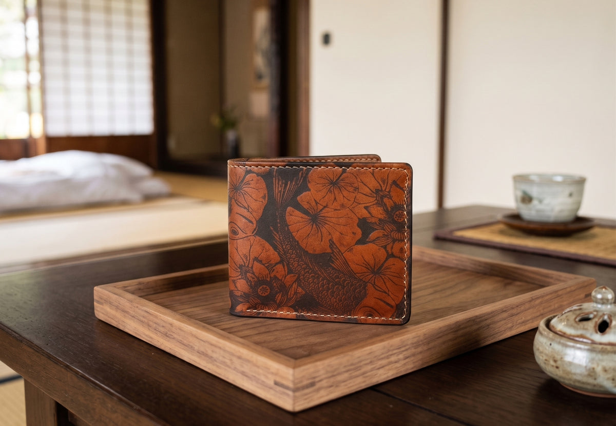 Customized genuine leather handmade wallet - Koi Fish pattern