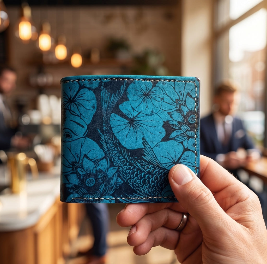 Customized genuine leather handmade wallet - Koi Fish pattern