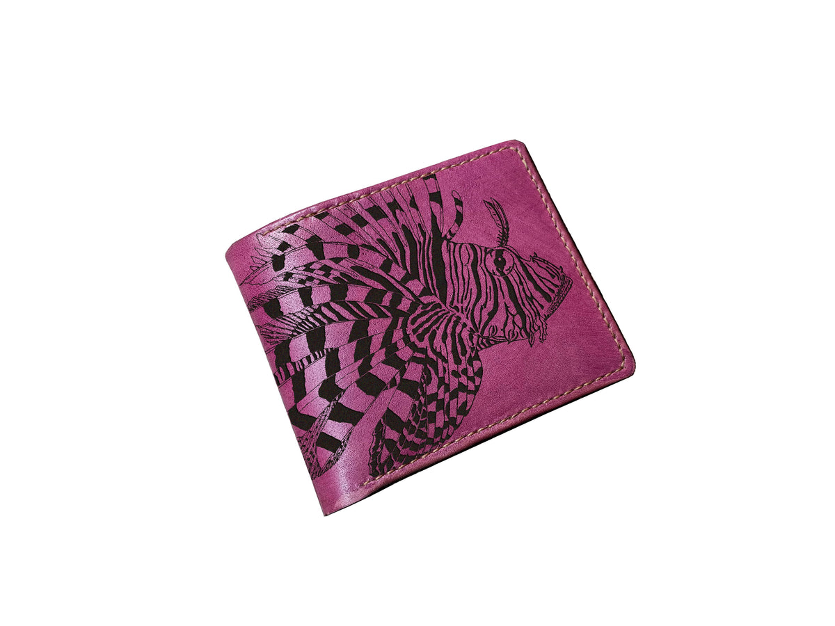Personalized leather men's wallet, Lionfish art wallet, animal pattern present for men, ocean fish men gift