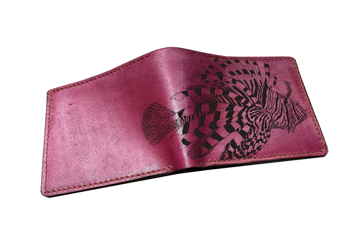 Personalized leather men's wallet, Lionfish art wallet, animal pattern present for men, ocean fish men gift