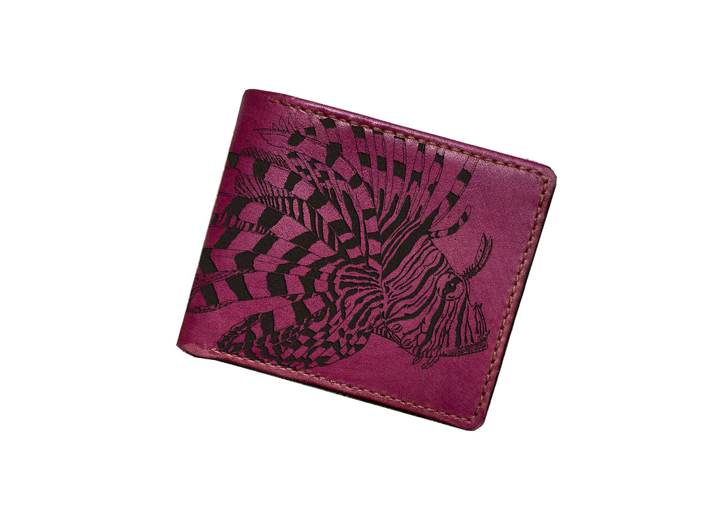 Personalized leather men's wallet, Lionfish art wallet, animal pattern present for men, ocean fish men gift