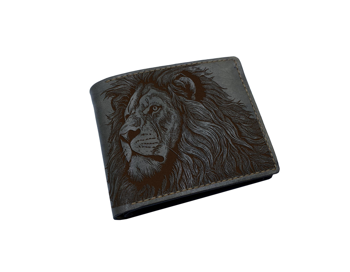 Lion drawing leather men's wallet, personalized leather handmade gift for men, animal art wallet, Lion gift idea for dad, husband, boyfriend