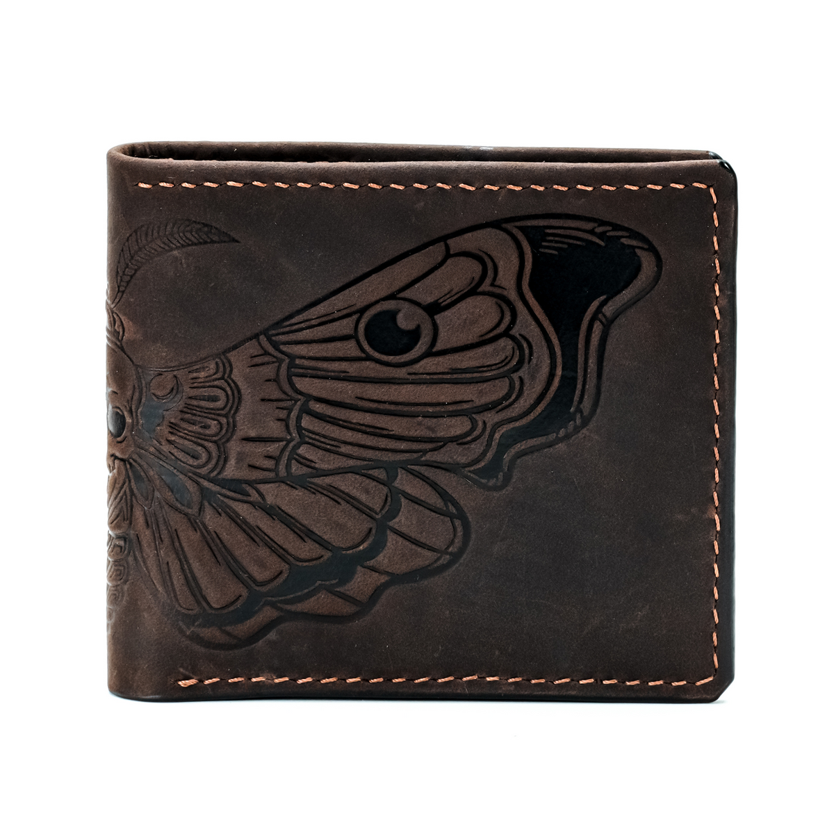 Deadhead Hawk Moth distress wax leather wallet, custom handmade insect gifts