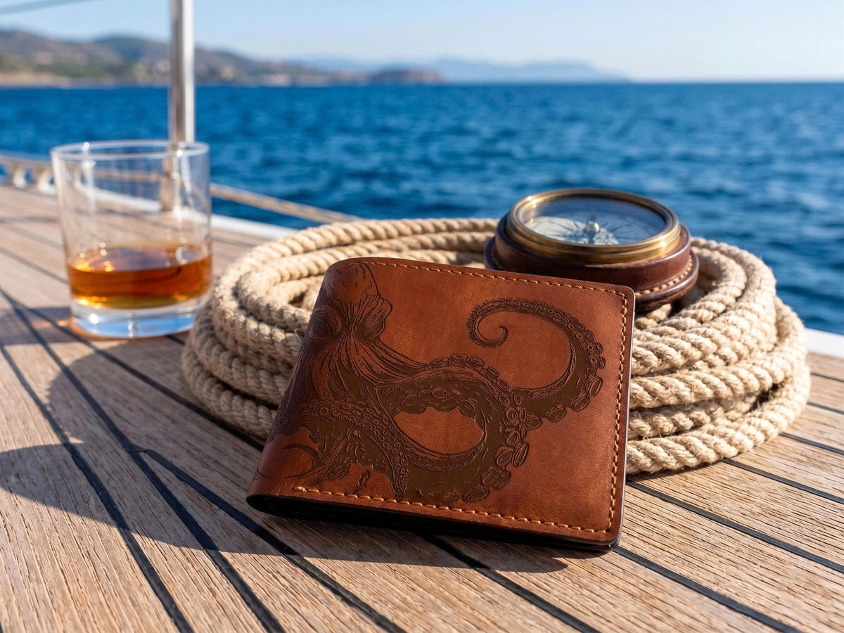 Genuine leather handmade wallet, personalized gifts for dad, husband - Octopus 051124