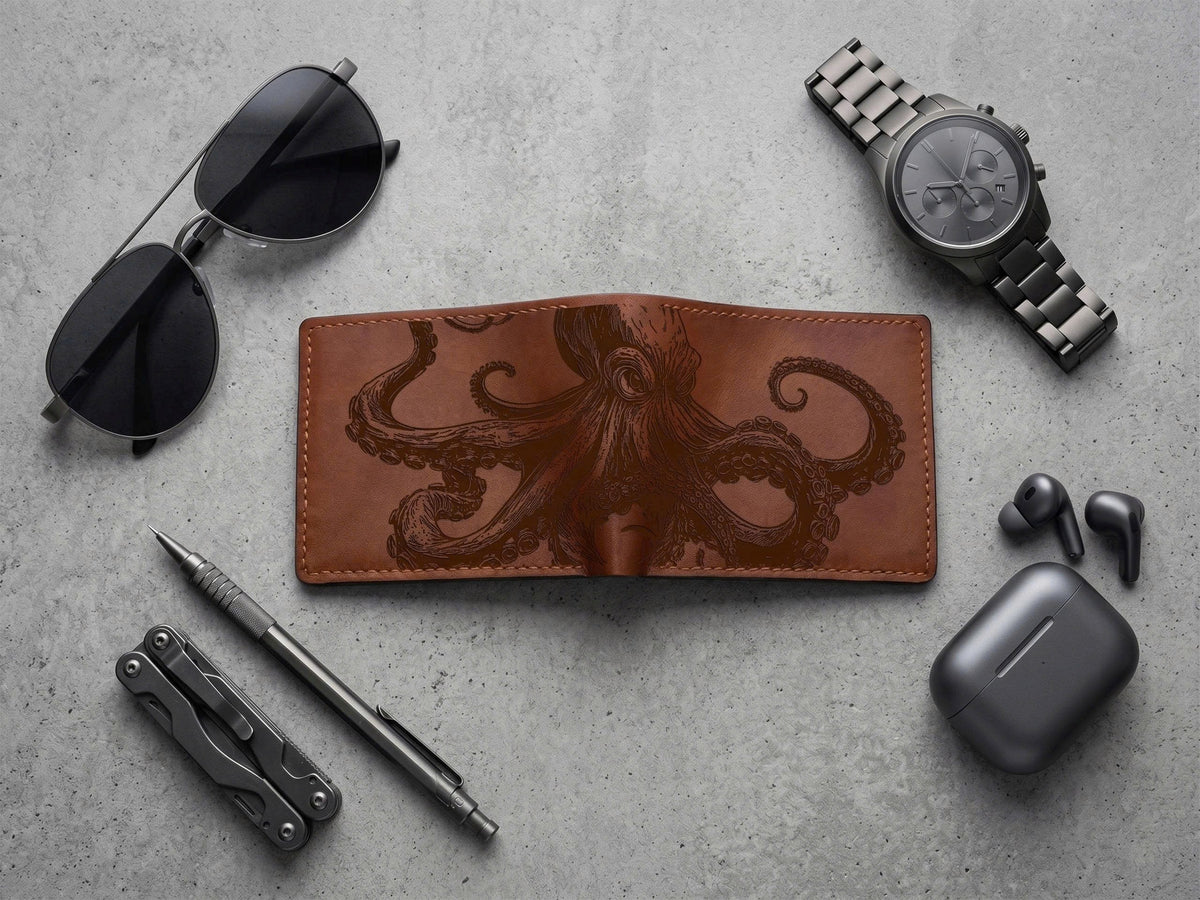 Genuine leather handmade wallet, personalized gifts for dad, husband - Octopus 051124
