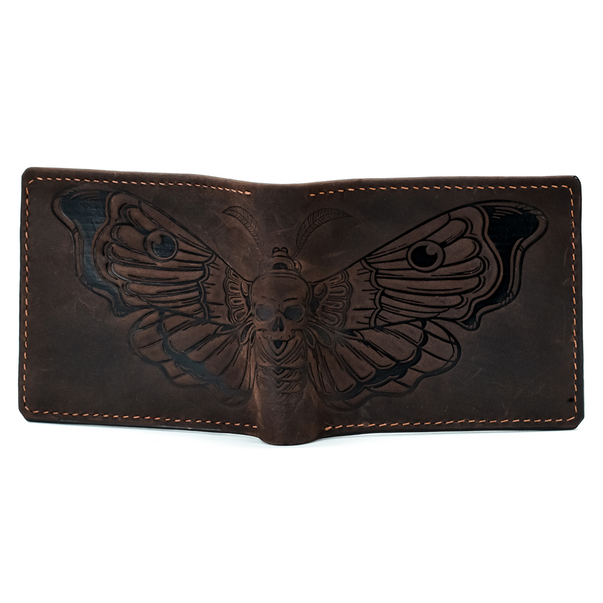 Deadhead Hawk Moth distress wax leather wallet, custom handmade insect gifts