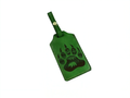 A green luggage tag with a bear paw print design printed on it.