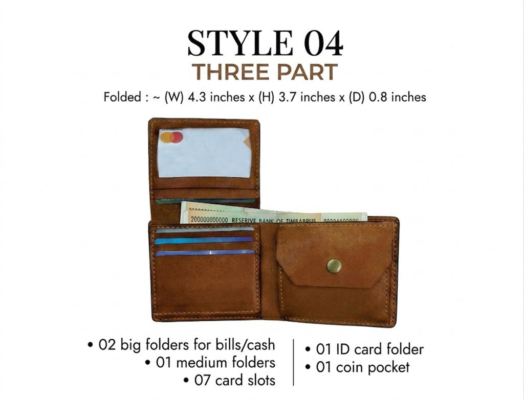 a brown leather wallet with three compartments, including a card slot, coin pocket, and card slots. The wallet is folded, with two big folders for bills/cash and one ID card folder.