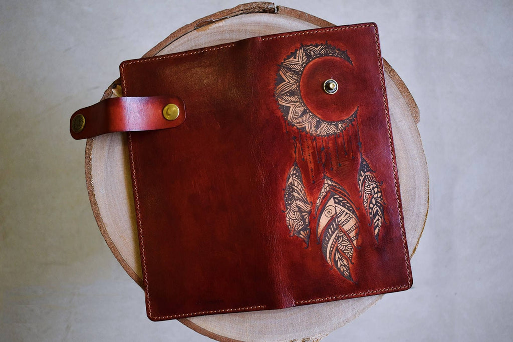 Personalized Leather Mandala Wallet: Floral Sun Moon Design