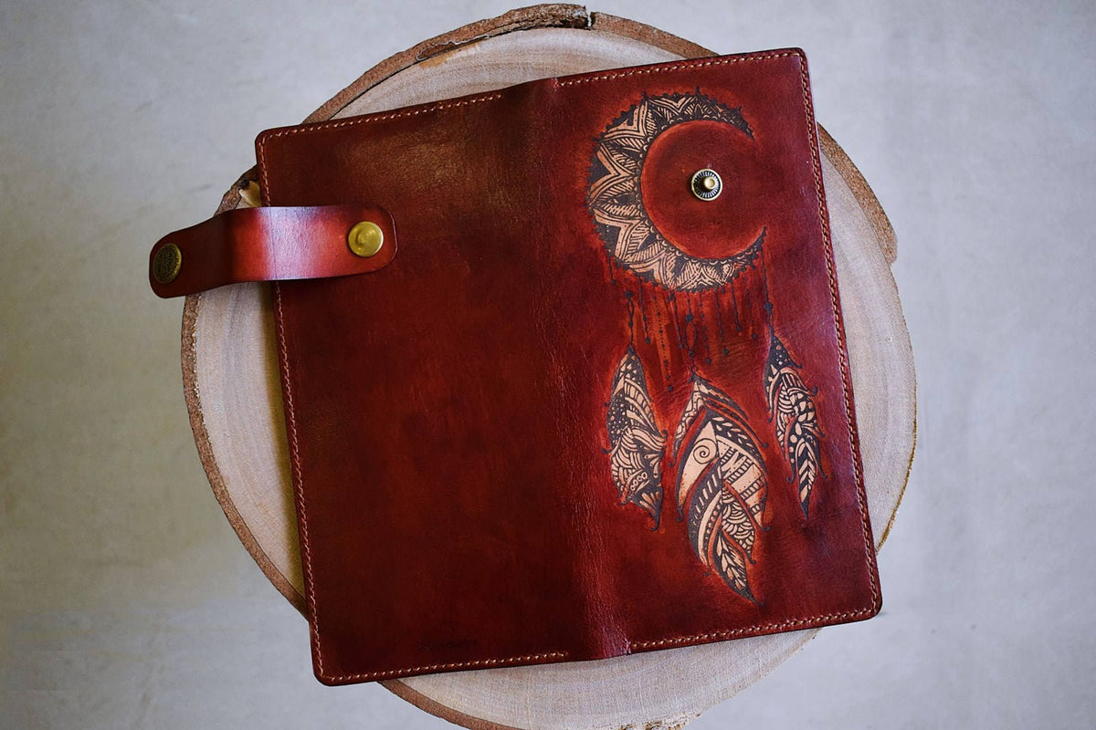 Personalized Leather Mandala Wallet: Floral Sun Moon Design