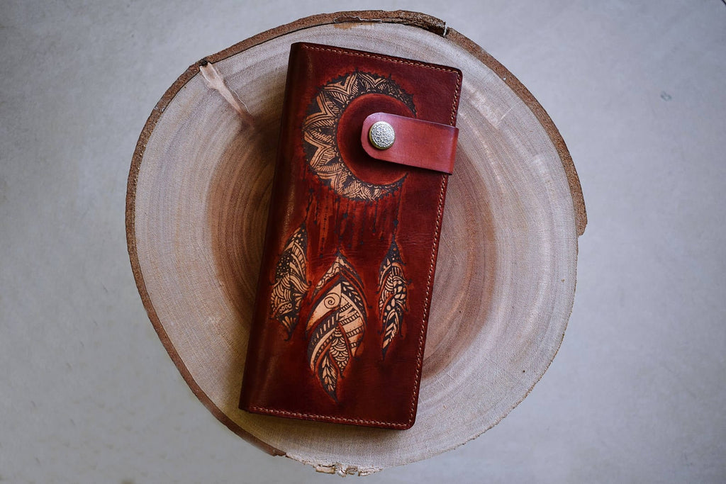 Personalized Leather Mandala Wallet: Floral Sun Moon Design