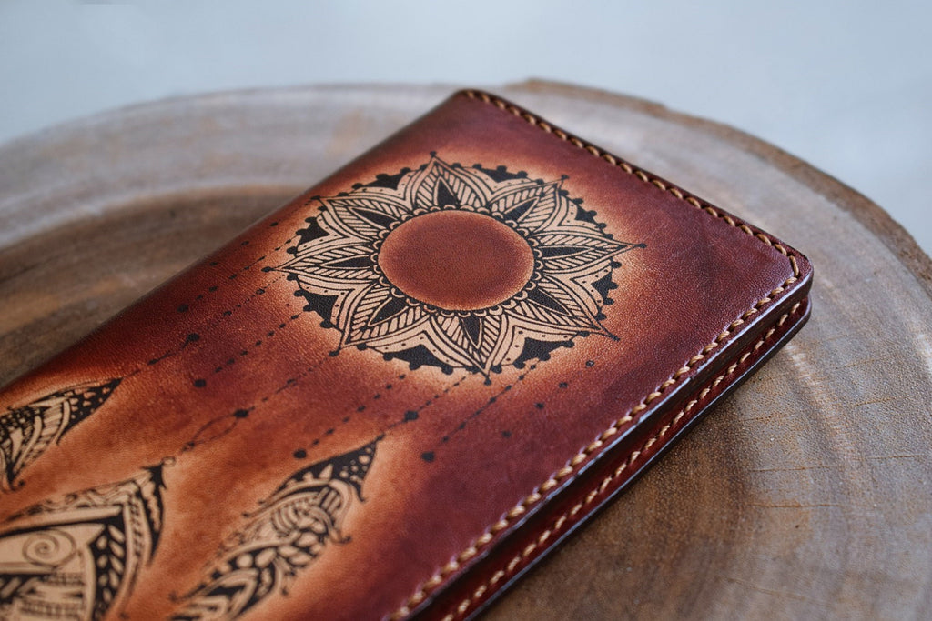 Personalized Leather Mandala Wallet: Floral Sun Moon Design