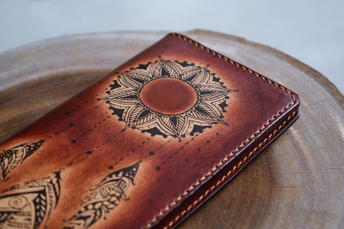 Personalized Leather Mandala Wallet: Floral Sun Moon Design