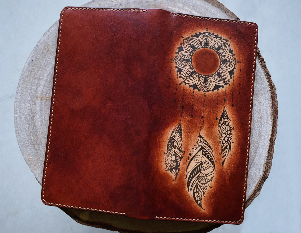 Personalized Leather Mandala Wallet: Floral Sun Moon Design
