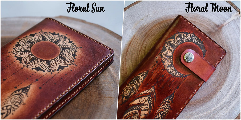 Personalized Leather Mandala Wallet: Floral Sun Moon Design