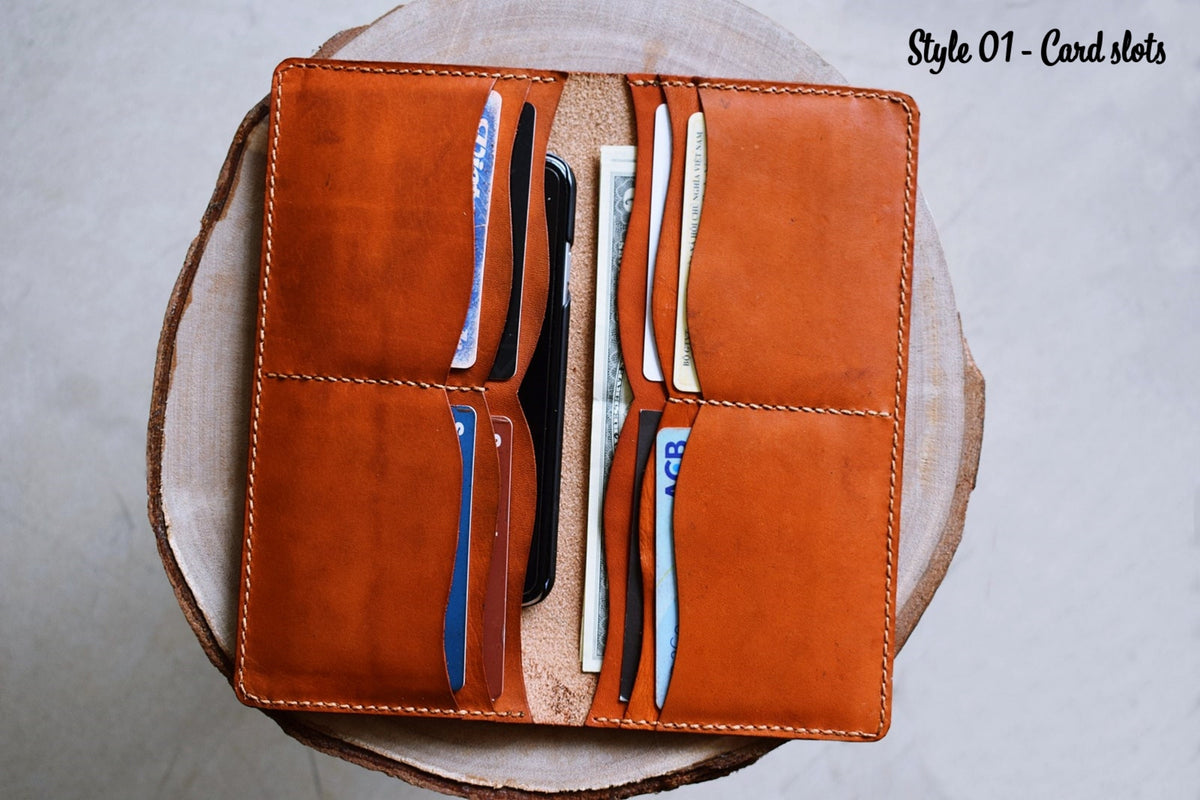 Personalized Leather Long Wallet: Handmade Seamless Pattern Bifold