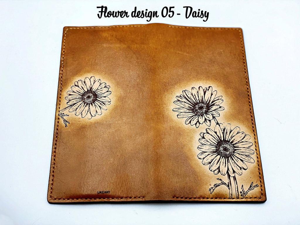 Personalized Leather Long Wallet: Handmade Floral Bifold