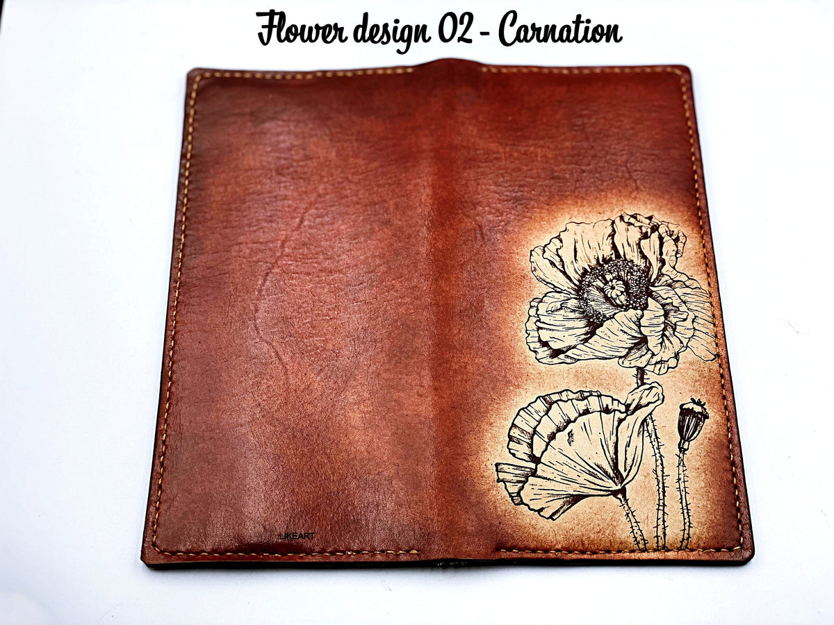 Personalized Leather Long Wallet: Handmade Floral Bifold