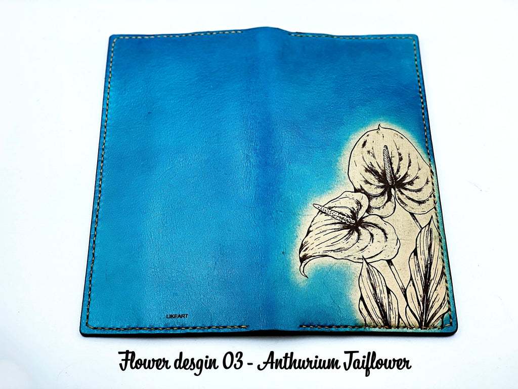 Personalized Leather Long Wallet: Handmade Floral Bifold