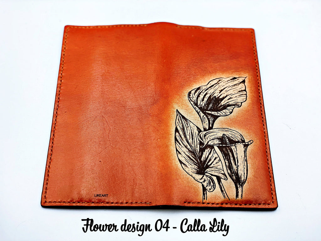 Personalized Leather Long Wallet: Handmade Floral Bifold