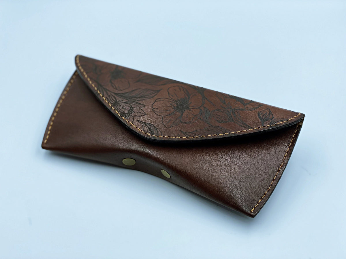 Personalized Leather Sunglasses Case, Hand-Drawn Flower Design, Anniversary Gift