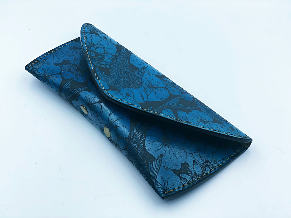Personalized Leather handmade Koi Fish pattern Sunglasses Case, Soft Glasses Protector, Custom Anniversary Gift idea, eyeglasses sleeve