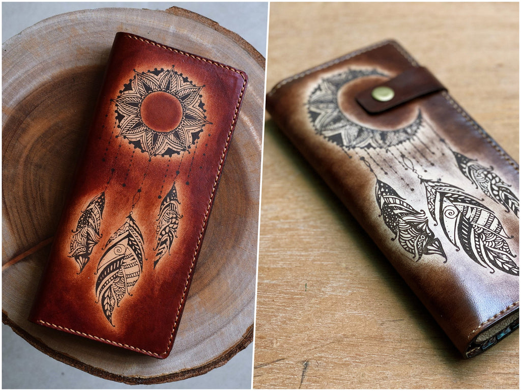 Personalized Leather Mandala Wallet: Floral Sun Moon Design